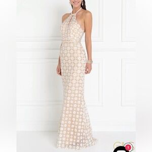 Elizabeth K GLS Champagne Beaded Halter Mermaid Gown NWT Size M
